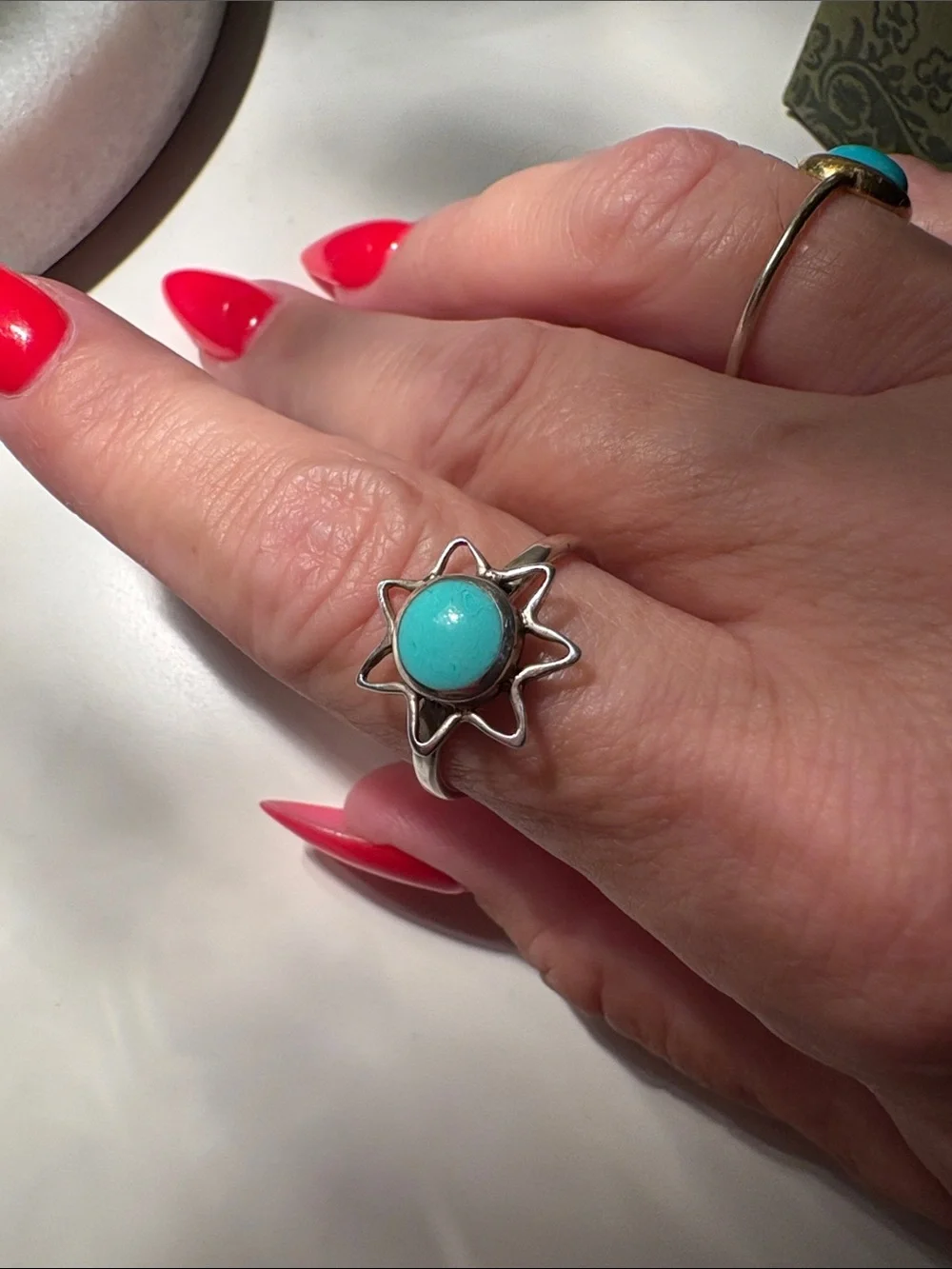 Vintage Turquoise Sunburst Ring - Sterling Silver